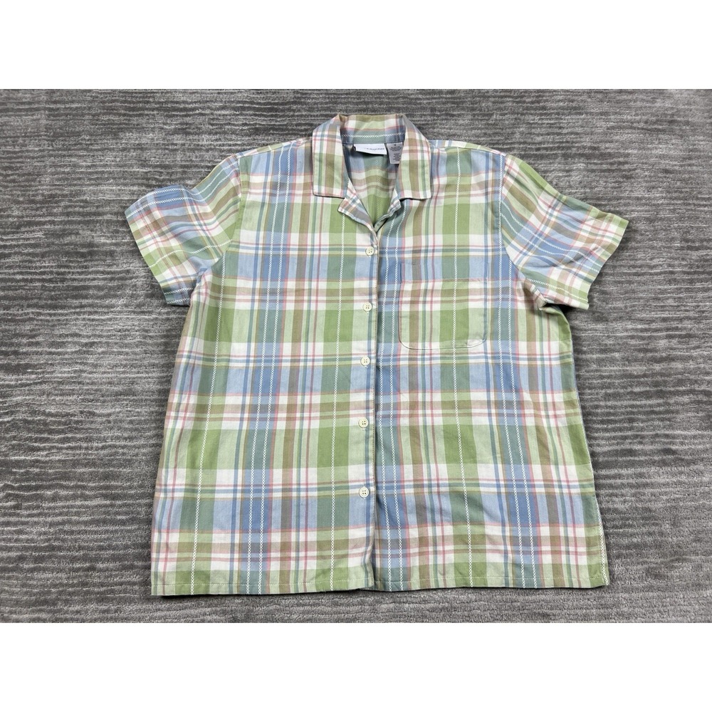 Alfred Dunner Top Womens 12 Green Multi Plaid Short Sleeve Button Up Embroidered